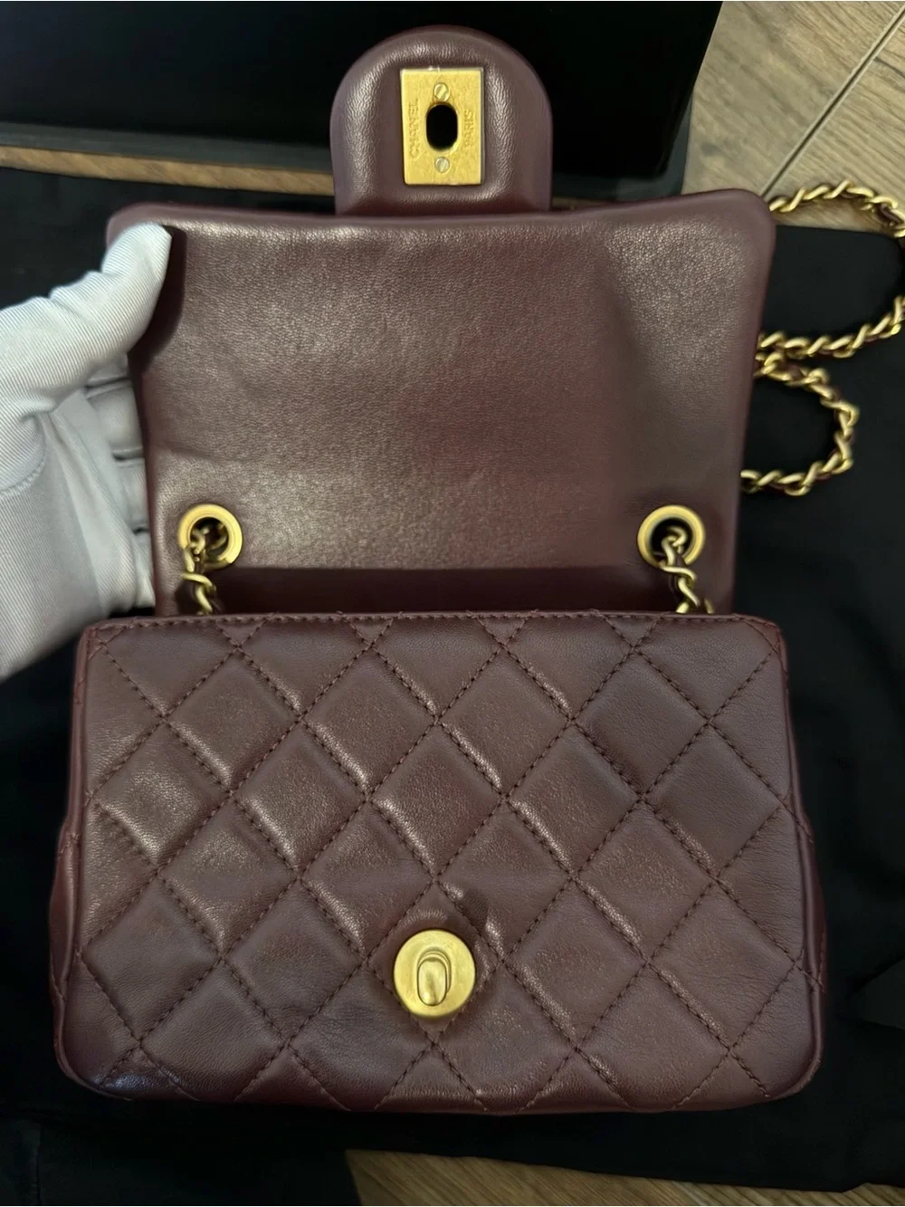 CHANEL Quilted Lambskin Shoulder Bag in Burgundy with Gold Hardware